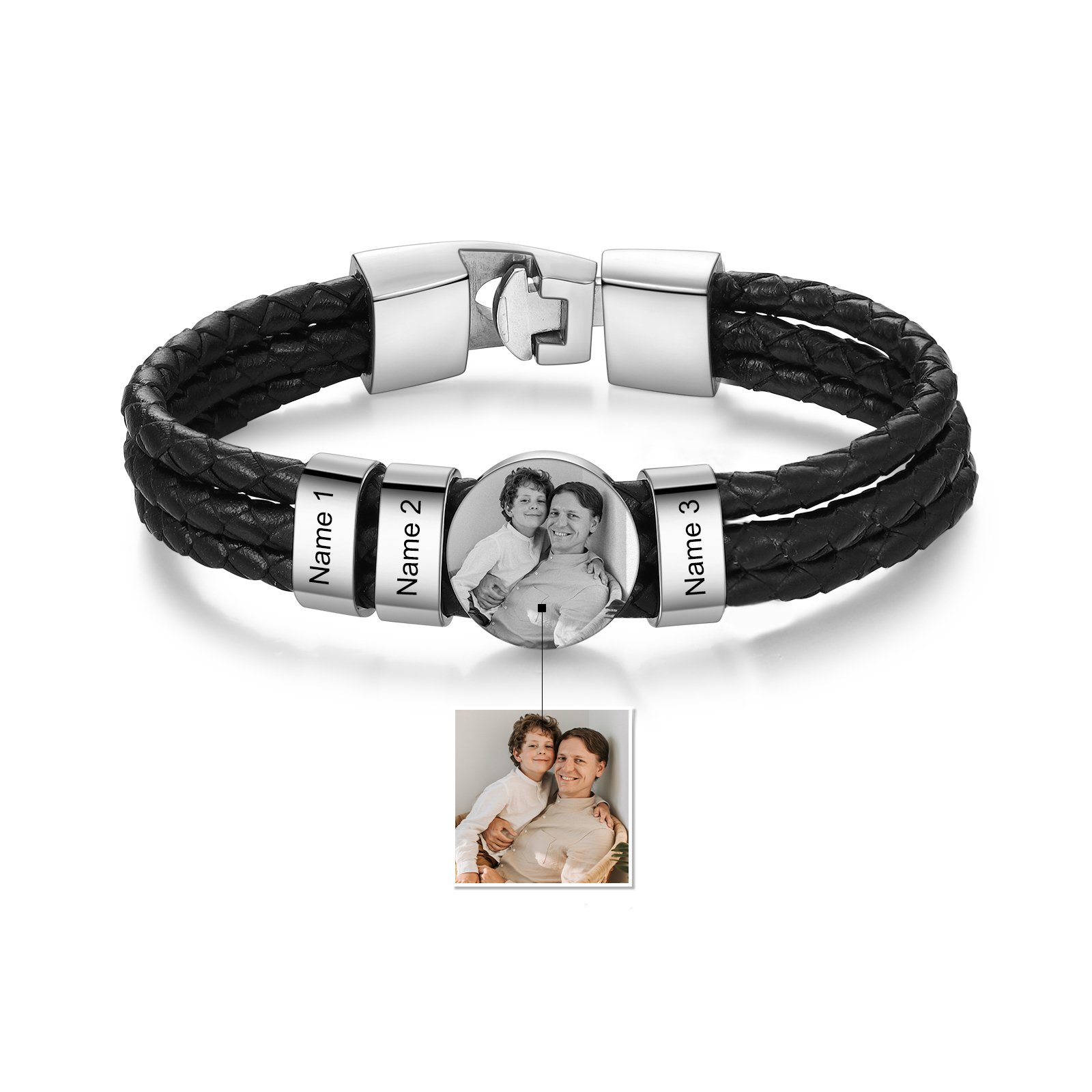 Personalized Braided Leather Bracelet Engraved with 3 Names and Customized 1 Photo Men's Bracelet for Dad