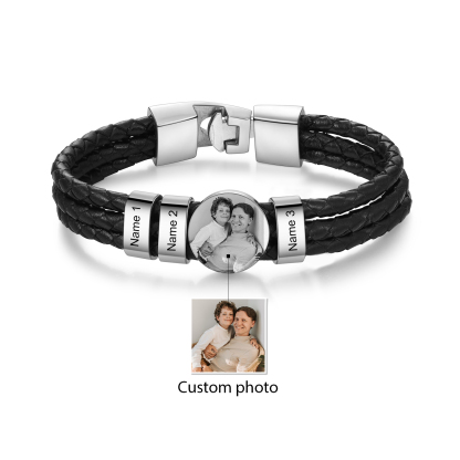 Personalized Braided Leather Bracelet Engraved with 3 Names and Customized 1 Photo Men's Bracelet for Dad