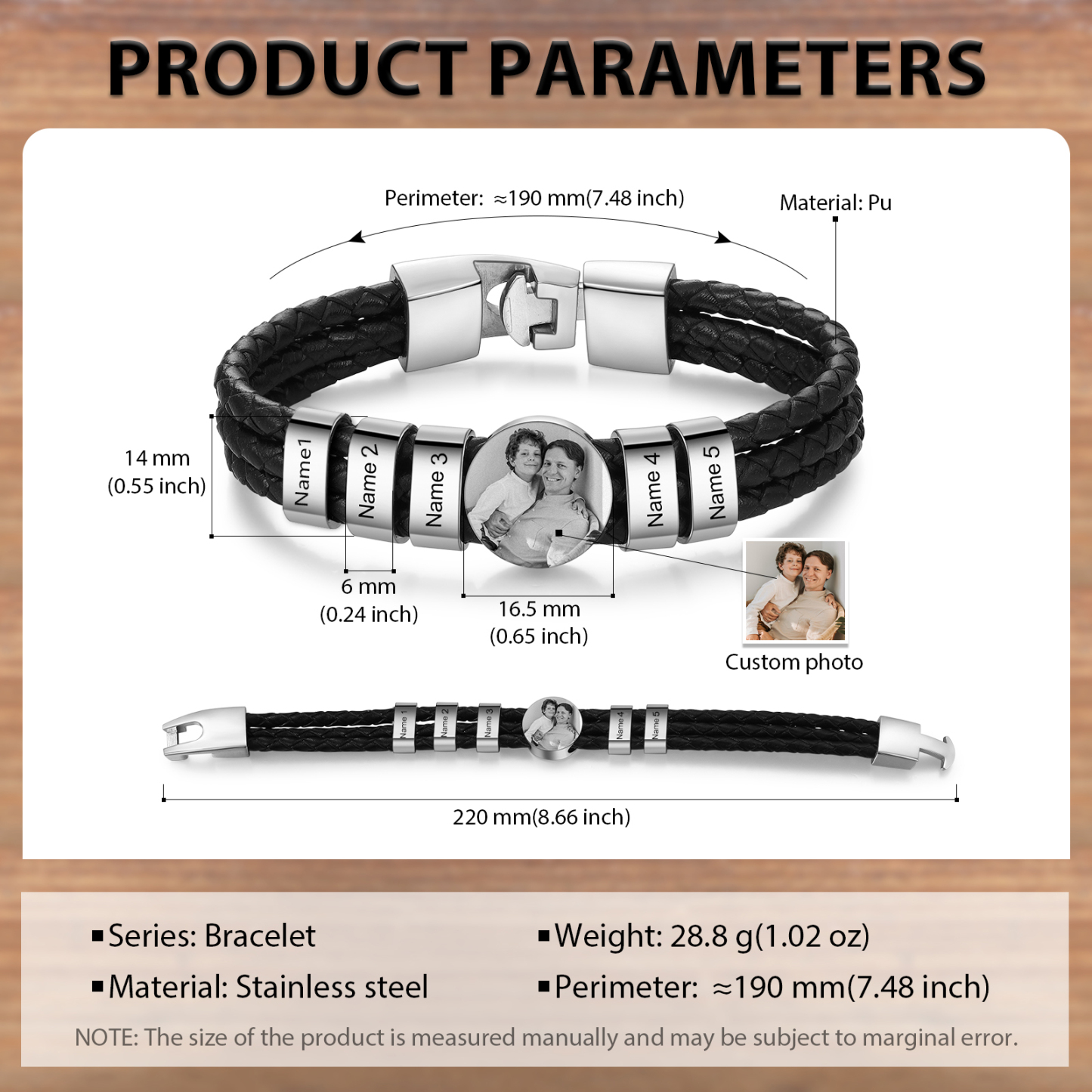 Personalized Braided Leather Bracelet Engraved with 5 Names and Customized 1 Photo Men's Bracelet for Dad