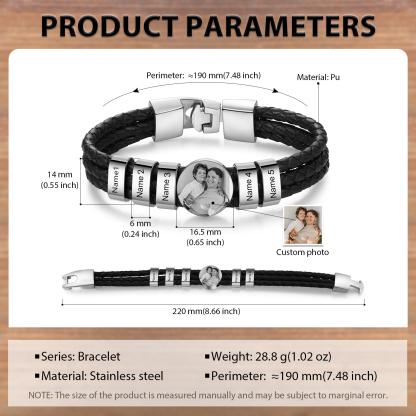 Personalized Braided Leather Bracelet Engraved with 5 Names and Customized 1 Photo Men's Bracelet for Dad