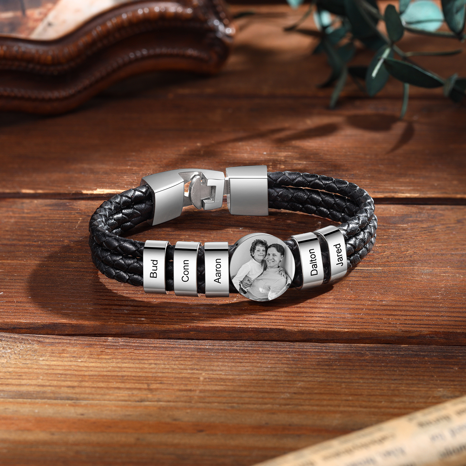 Jessemade UK Personalized Braided Leather Bracelet Engraved with 5 Names and Customized 1 Photo Men's Bracelet for Dad 28.99 m1-n5
