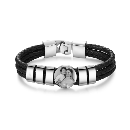 Personalized Braided Leather Bracelet Engraved with 5 Names and Customized 1 Photo Men's Bracelet for Dad