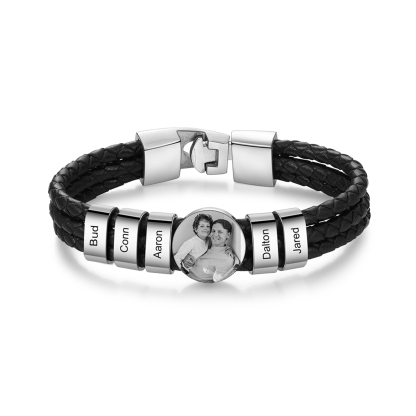 Personalized Braided Leather Bracelet Engraved with 5 Names and Customized 1 Photo Men's Bracelet for Dad