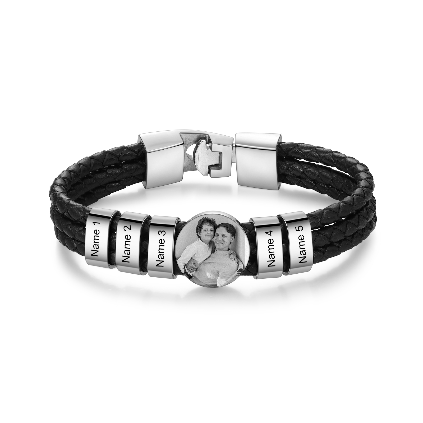 Personalized Braided Leather Bracelet Engraved with 5 Names and Customized 1 Photo Men's Bracelet for Dad