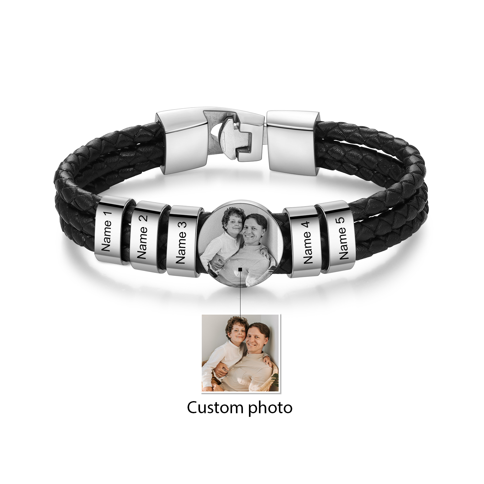 Personalized Braided Leather Bracelet Engraved with 5 Names and Customized 1 Photo Men's Bracelet for Dad