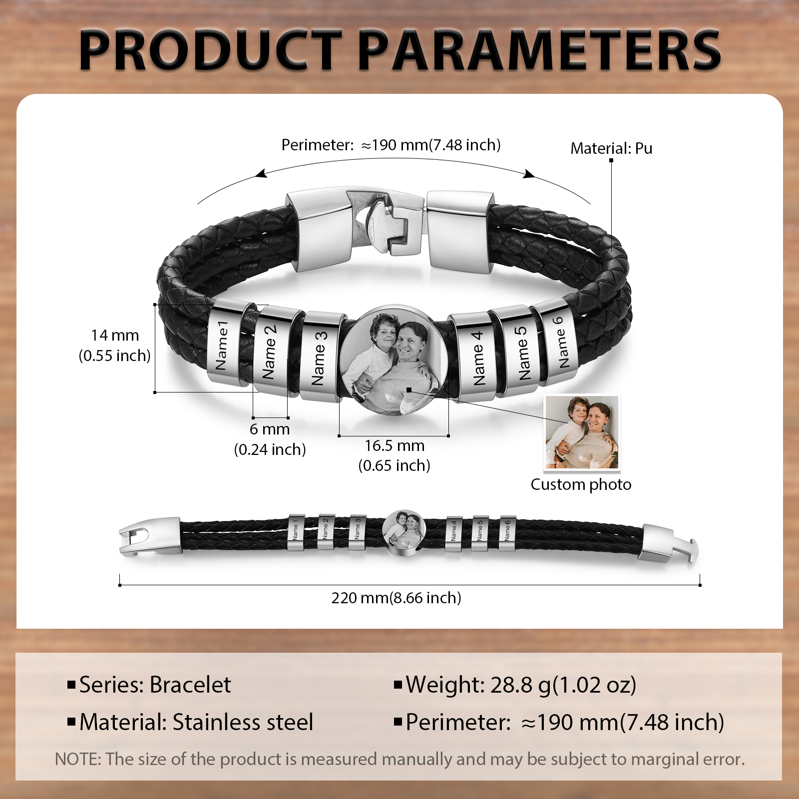 Personalized Braided Leather Bracelet Engraved with 6 Names and Customized 1 Photo Men's Bracelet for Dad