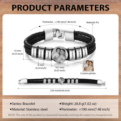 Personalized Braided Leather Bracelet Engraved with 6 Names and Customized 1 Photo Men's Bracelet for Dad