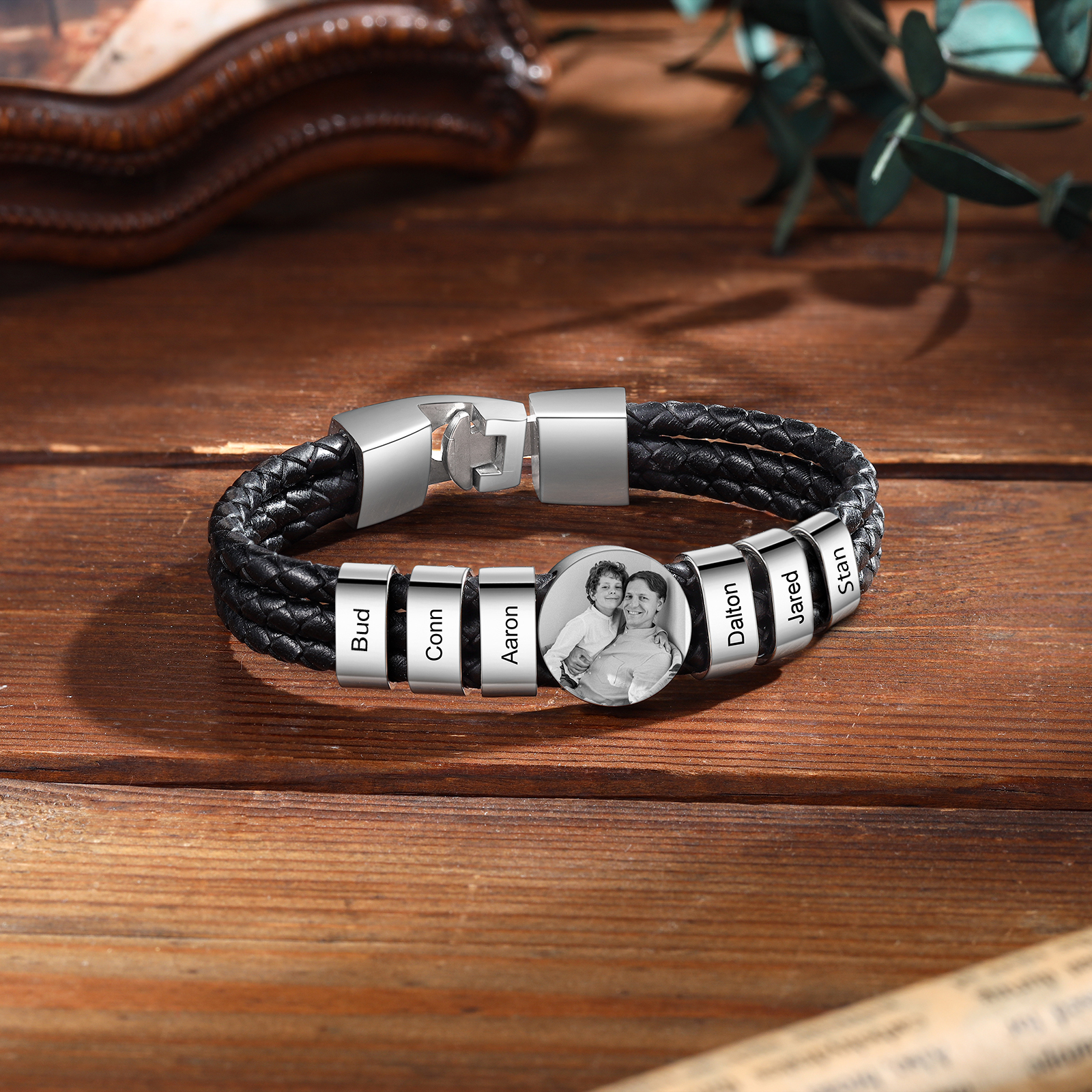 Personalized Braided Leather Bracelet Engraved with 6 Names and Customized 1 Photo Men's Bracelet for Dad