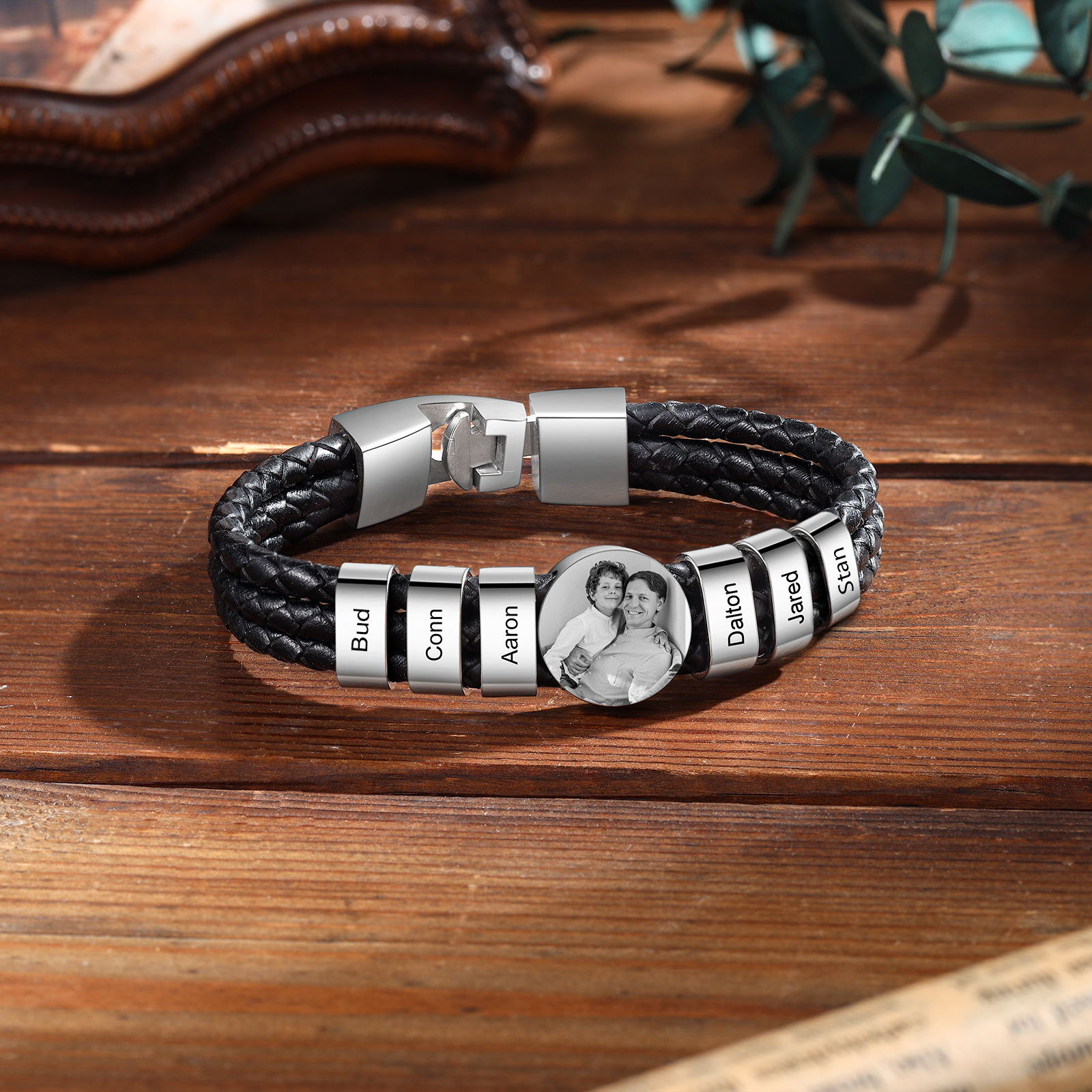 Personalized Braided Leather Bracelet Engraved with 6 Names and Customized 1 Photo Men's Bracelet for Dad