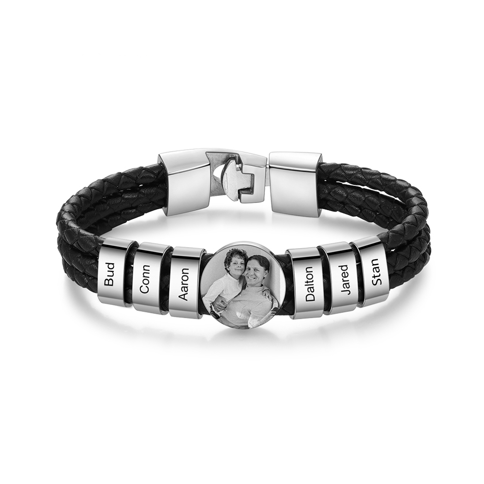 Personalized Braided Leather Bracelet Engraved with 6 Names and Customized 1 Photo Men's Bracelet for Dad