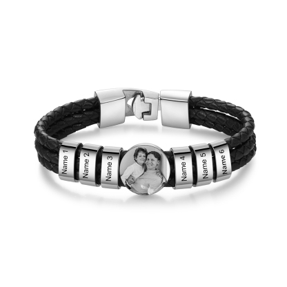 Personalized Braided Leather Bracelet Engraved with 6 Names and Customized 1 Photo Men's Bracelet for Dad