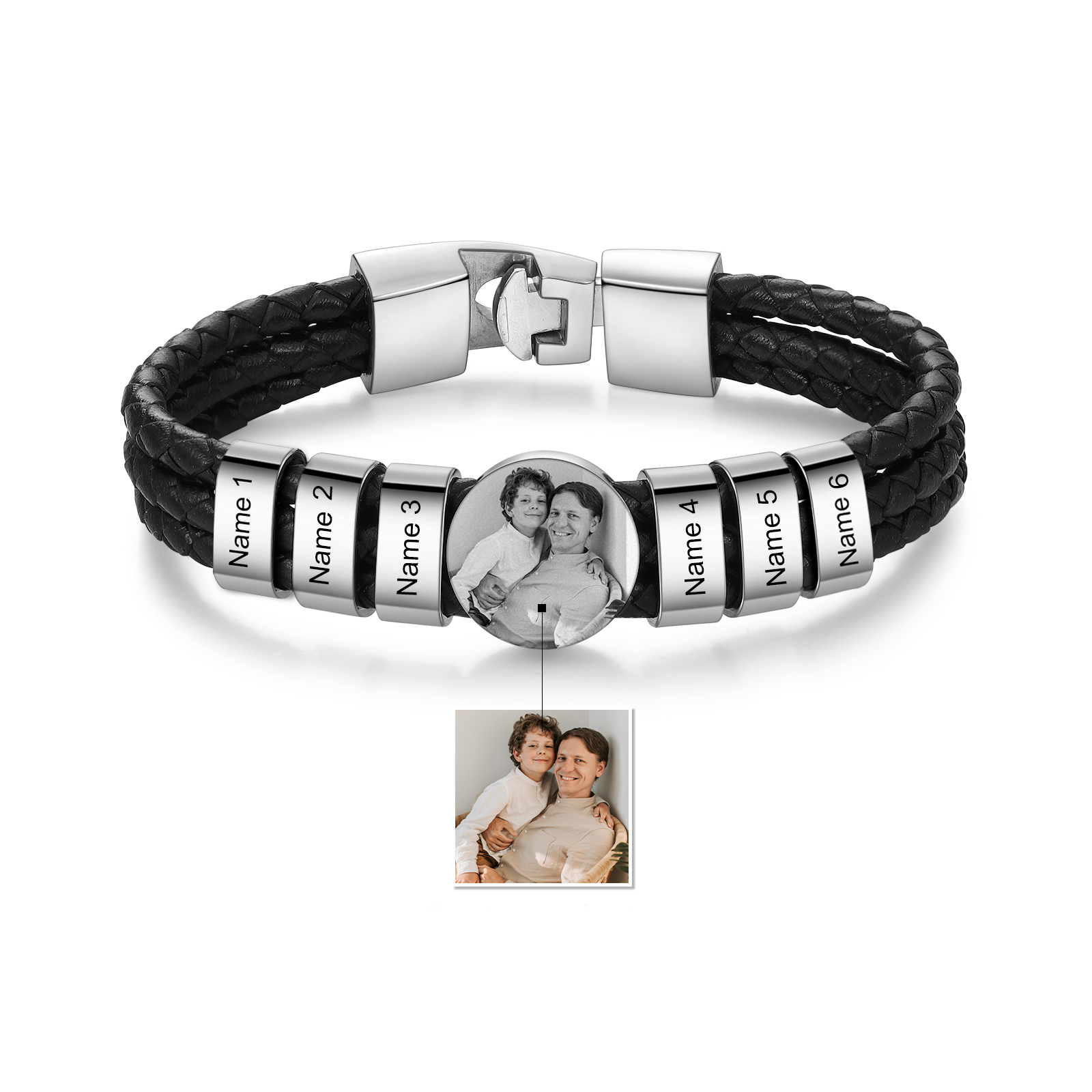 Personalized Braided Leather Bracelet Engraved with 6 Names and Customized 1 Photo Men's Bracelet for Dad