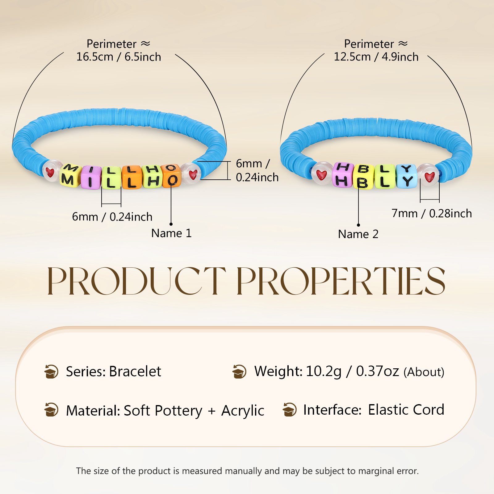 2 PCS-Personalized 2 Name Elastic Cord Square Handmade Bracelet, Back to School Gift for Daughter