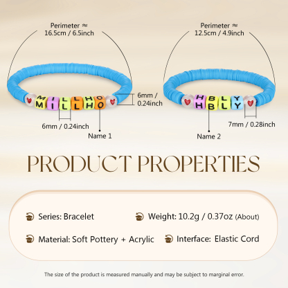 2 PCS-Personalized 2 Name Elastic Cord Square Handmade Bracelet, Back to School Gift for Daughter