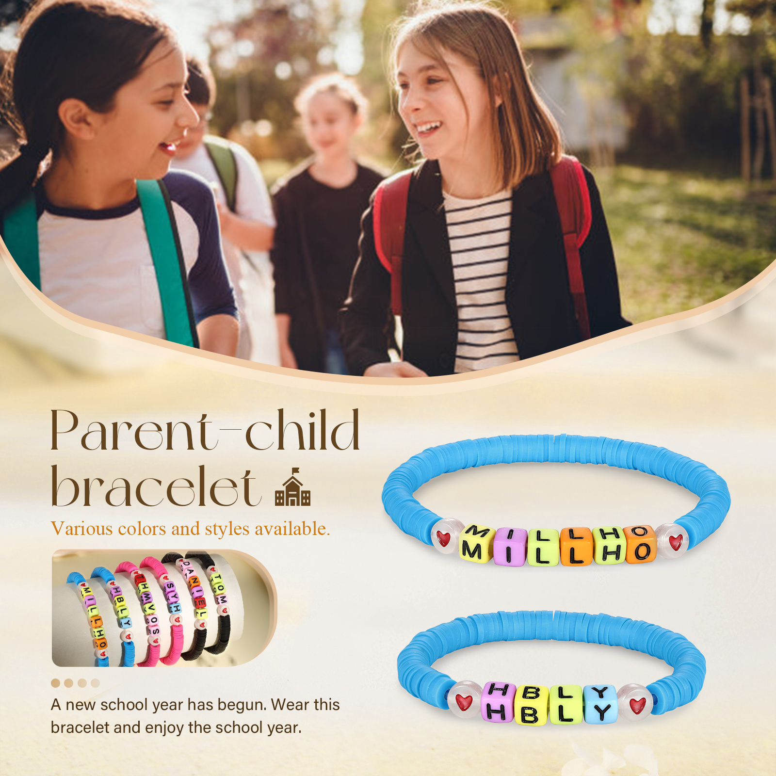 2 PCS-Personalized 2 Name Elastic Cord Square Handmade Bracelet, Back to School Gift for Daughter