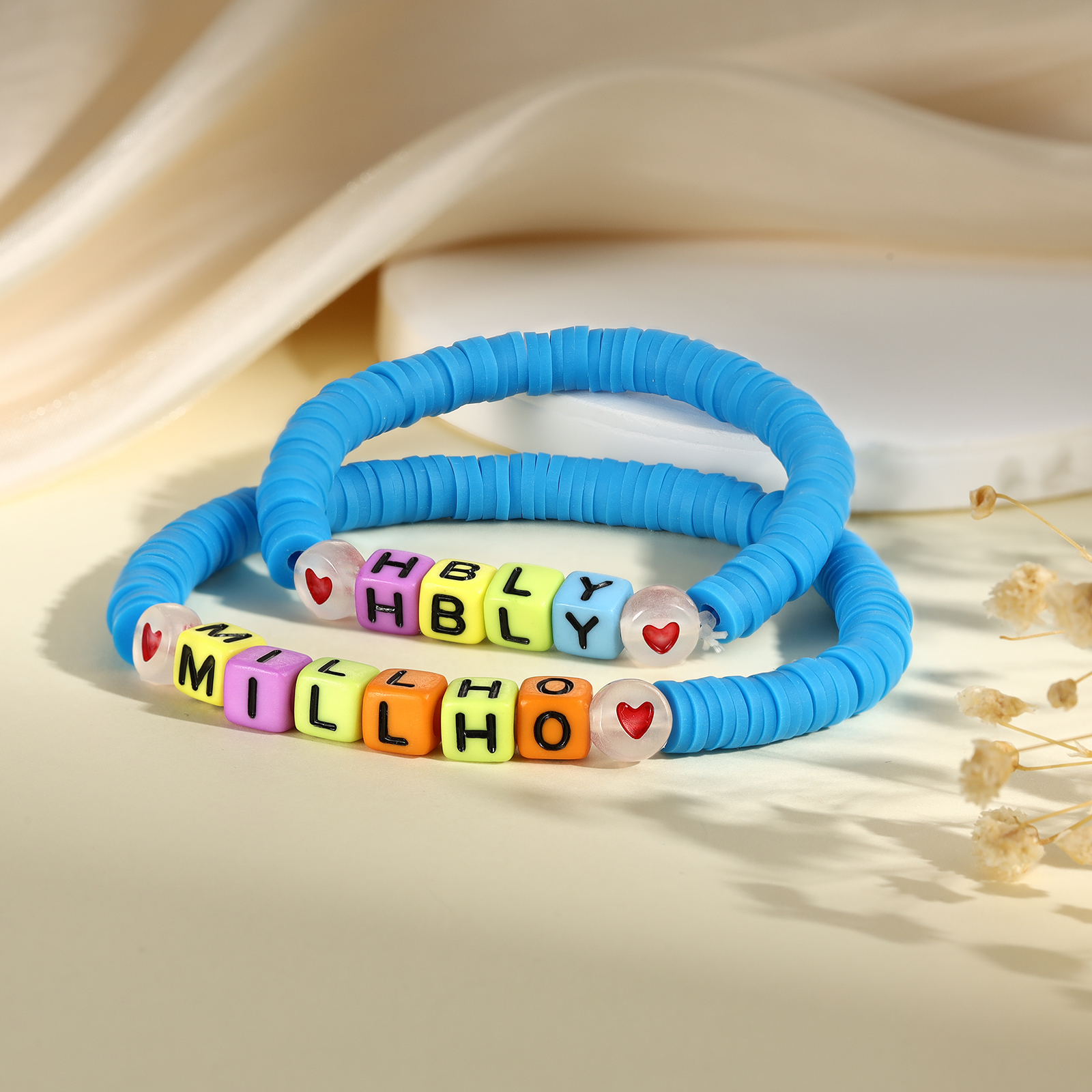 2 PCS-Personalized 2 Name Elastic Cord Square Handmade Bracelet, Back to School Gift for Daughter