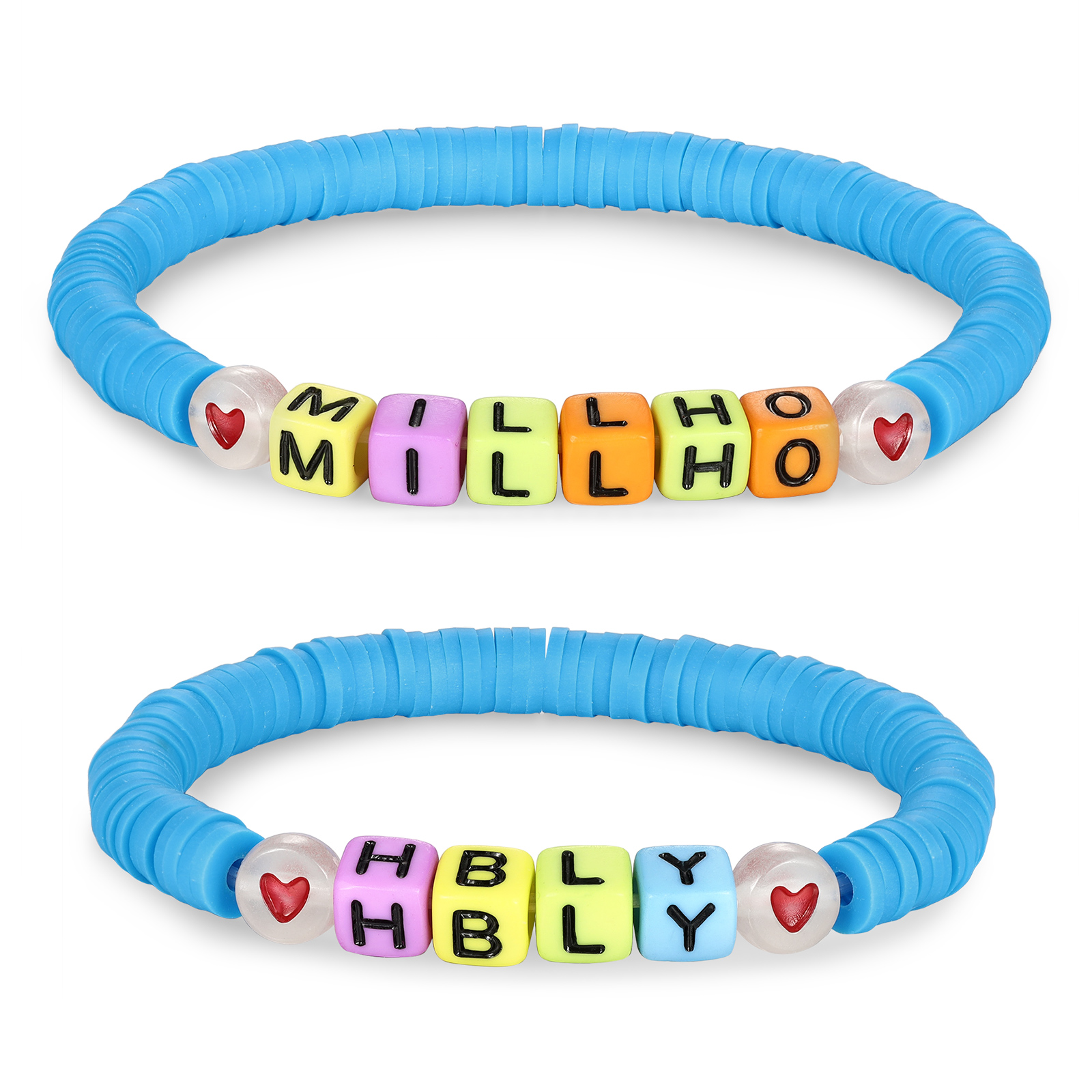 2 PCS-Personalized 2 Name Elastic Cord Square Handmade Bracelet, Back to School Gift for Daughter