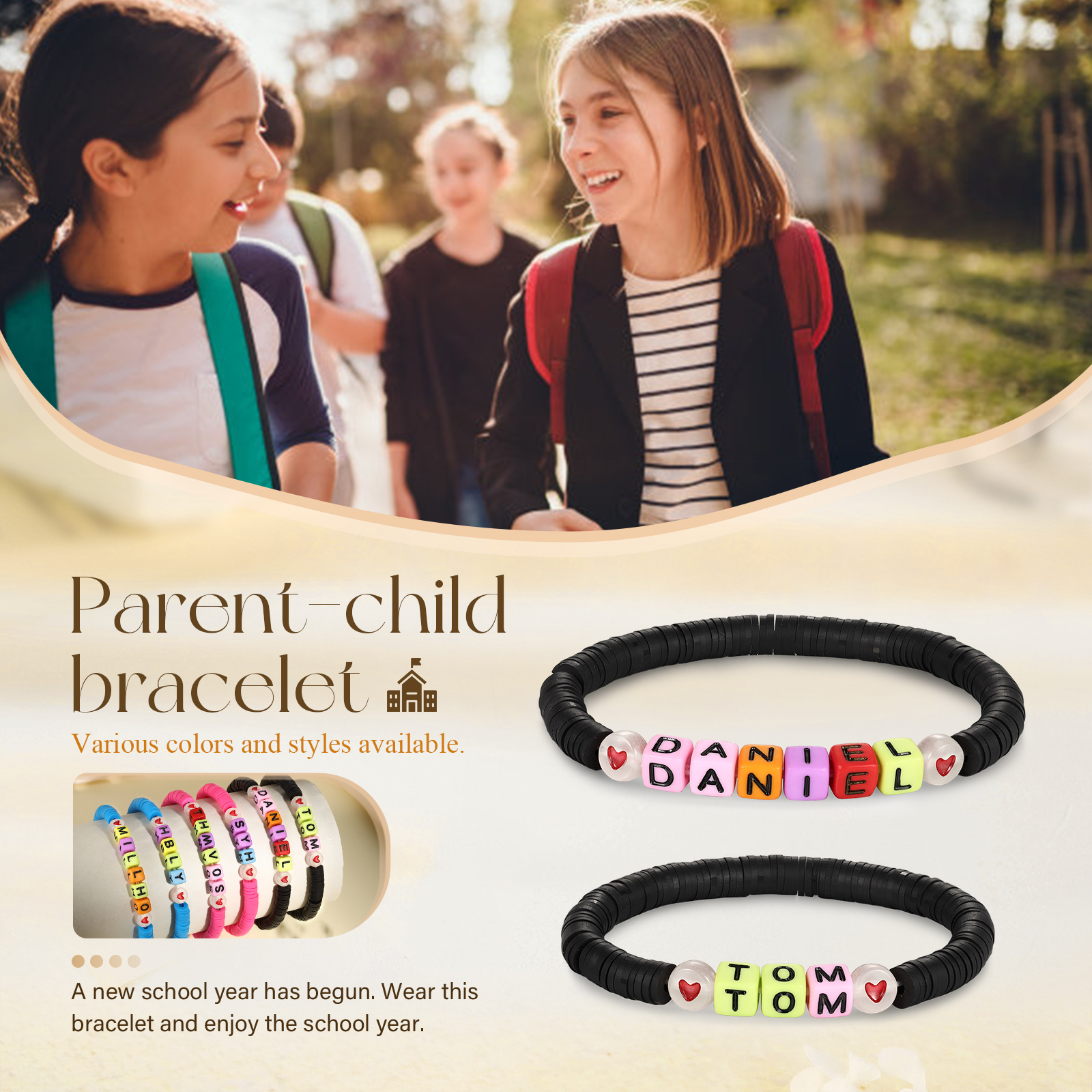 2 PCS-Personalized 2 Name Elastic Cord Square Handmade Bracelet, Back to School Gift for Daughter