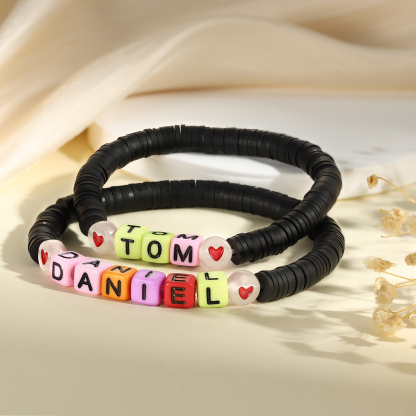 2 PCS-Personalized 2 Name Elastic Cord Square Handmade Bracelet, Back to School Gift for Daughter