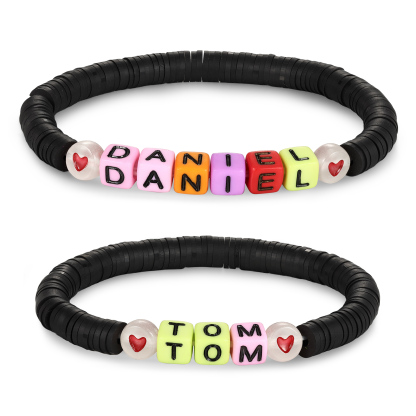 2 PCS-Personalized 2 Name Elastic Cord Square Handmade Bracelet, Back to School Gift for Daughter