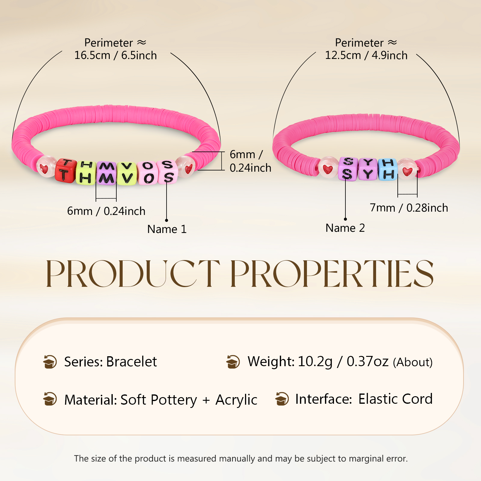 2 PCS-Personalized 2 Name Elastic Cord Square Handmade Bracelet, Back to School Gift for Daughter