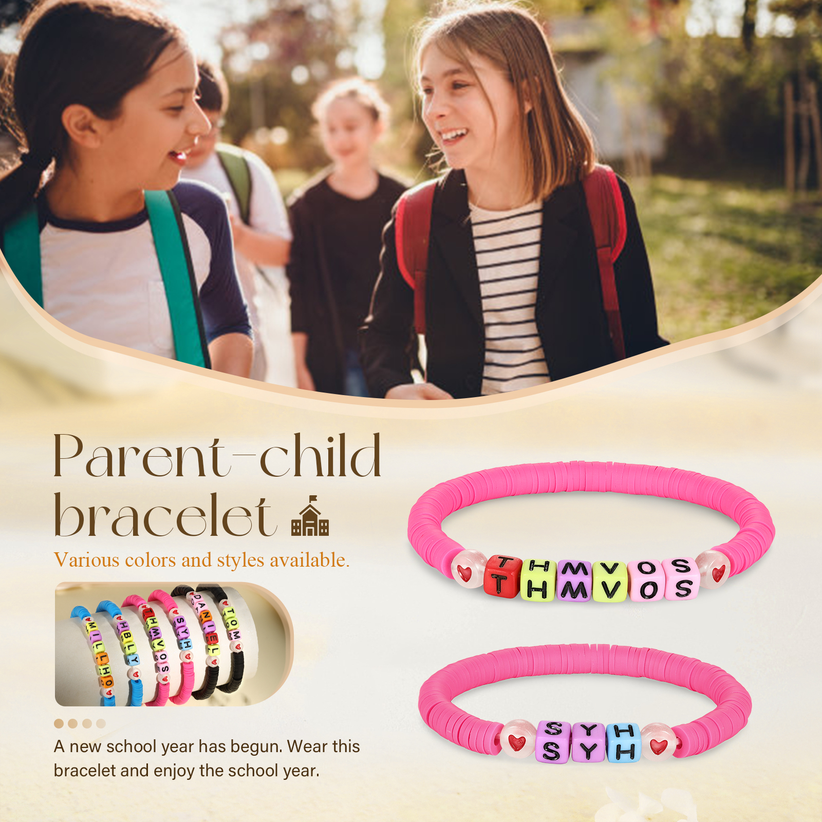 2 PCS-Personalized 2 Name Elastic Cord Square Handmade Bracelet, Back to School Gift for Daughter