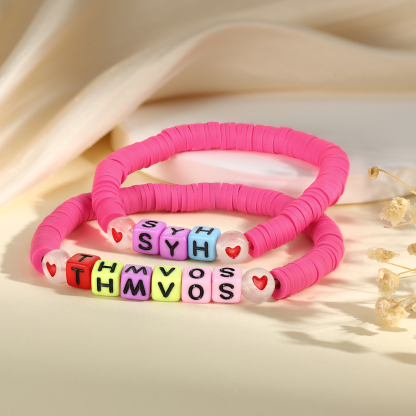2 PCS-Personalized 2 Name Elastic Cord Square Handmade Bracelet, Back to School Gift for Daughter