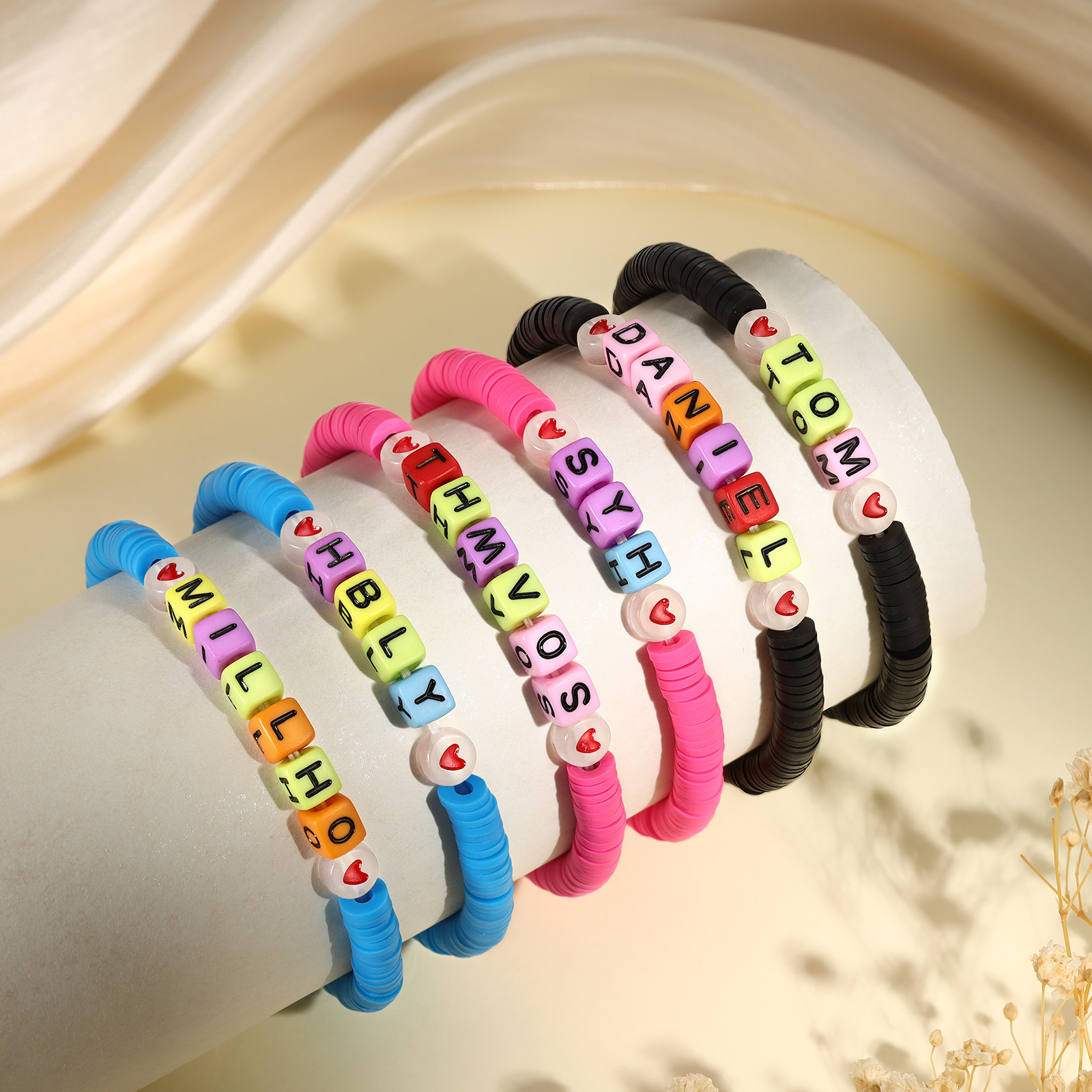 2 PCS-Personalized 2 Name Elastic Cord Square Handmade Bracelet, Back to School Gift for Daughter
