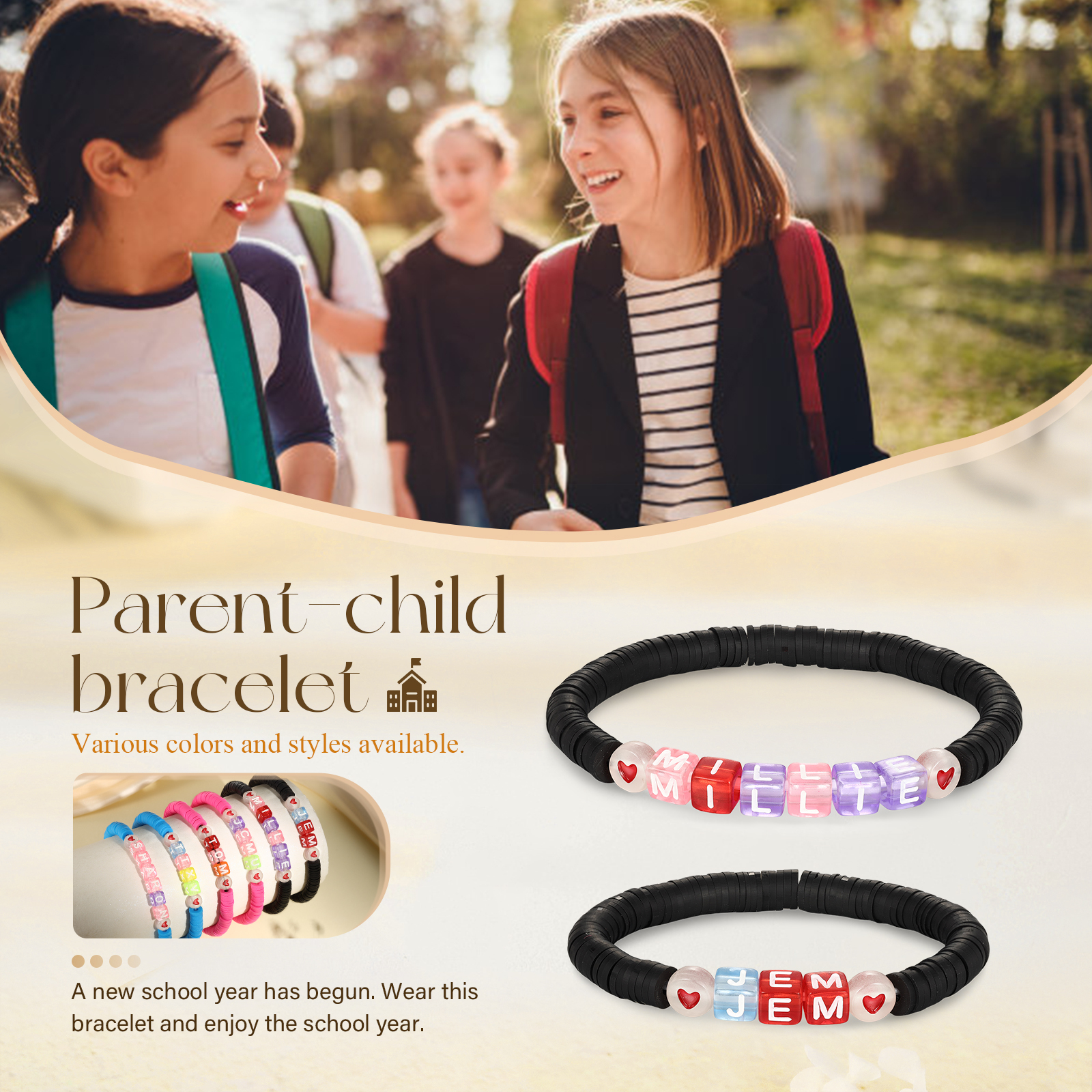 2PCS-Personalized 2 Name Elastic Cord Square Bracelets, Back to School Gift for Daughter