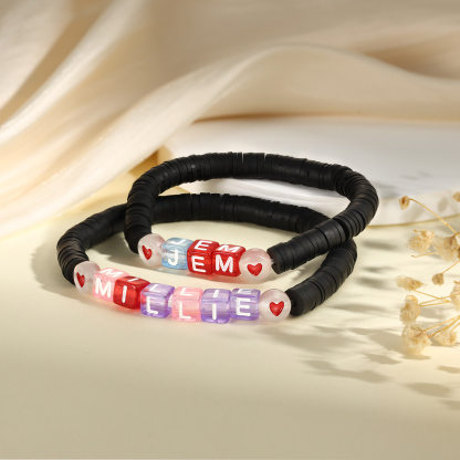2PCS-Personalized 2 Name Elastic Cord Square Bracelets, Back to School Gift for Daughter