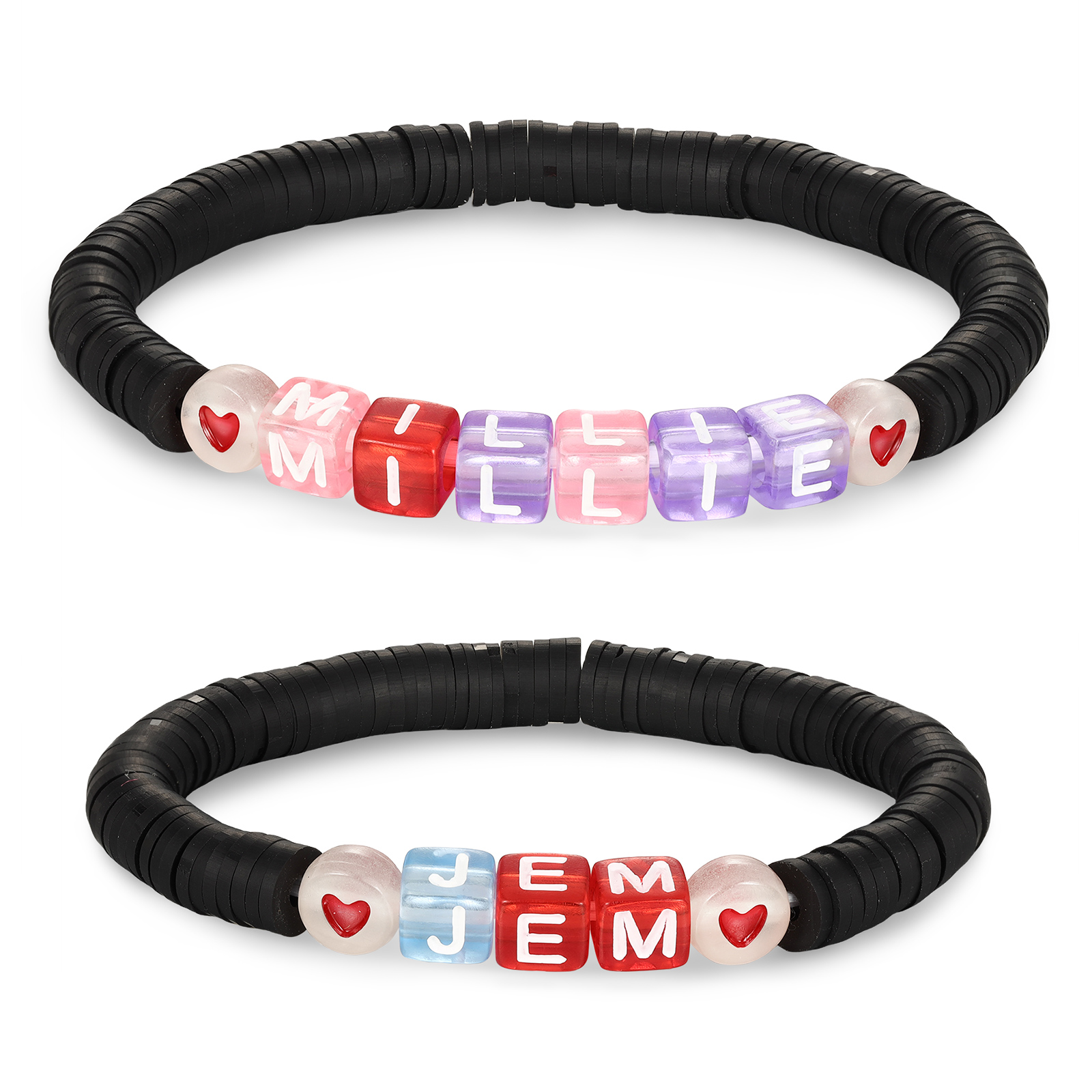 2PCS-Personalized 2 Name Elastic Cord Square Bracelets, Back to School Gift for Daughter