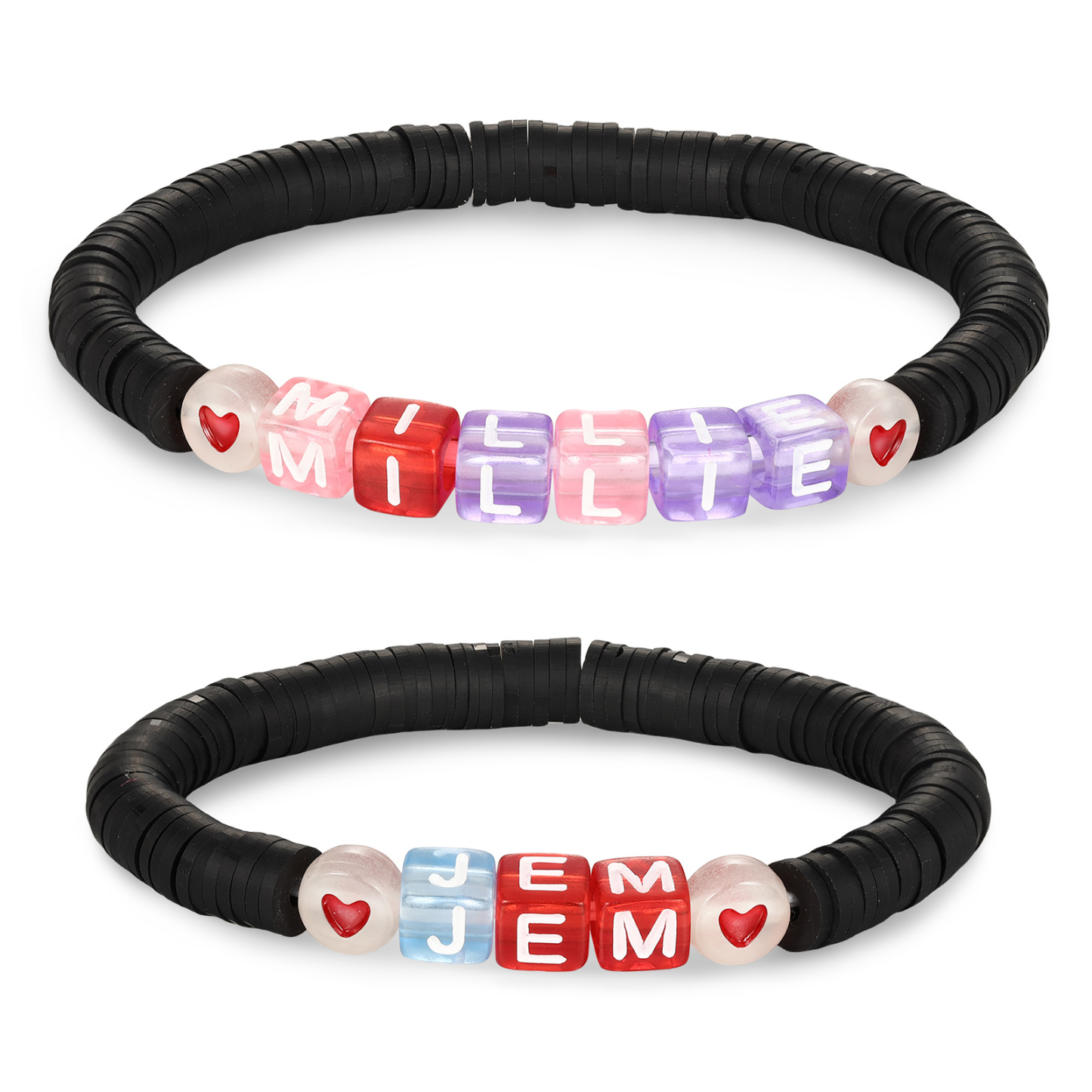 2PCS-Personalized 2 Name Elastic Cord Square Bracelets, Back to School Gift for Daughter
