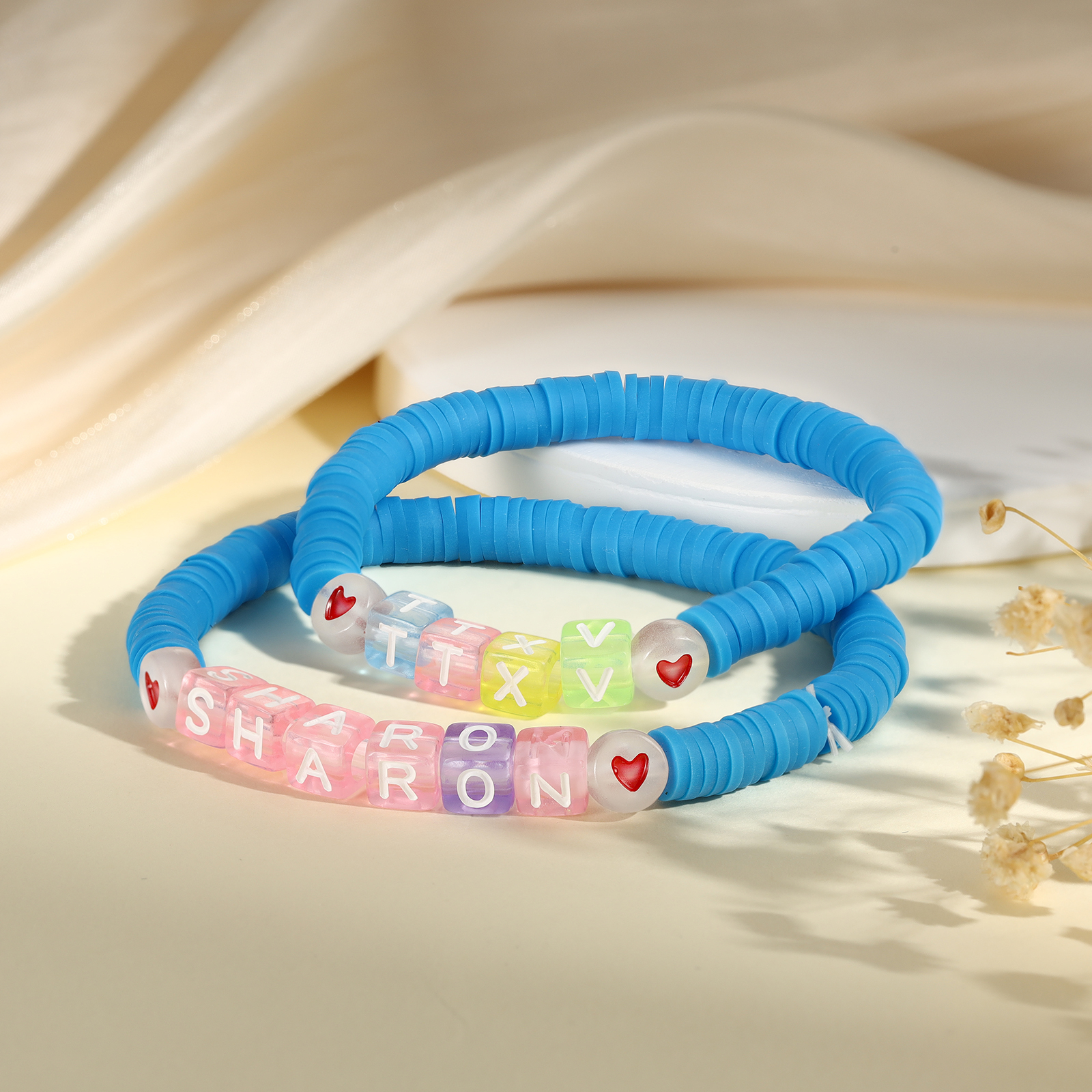 2PCS-Personalized 2 Name Elastic Cord Square Bracelets, Back to School Gift for Daughter