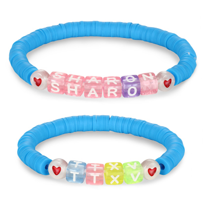 2PCS-Personalized 2 Name Elastic Cord Square Bracelets, Back to School Gift for Daughter