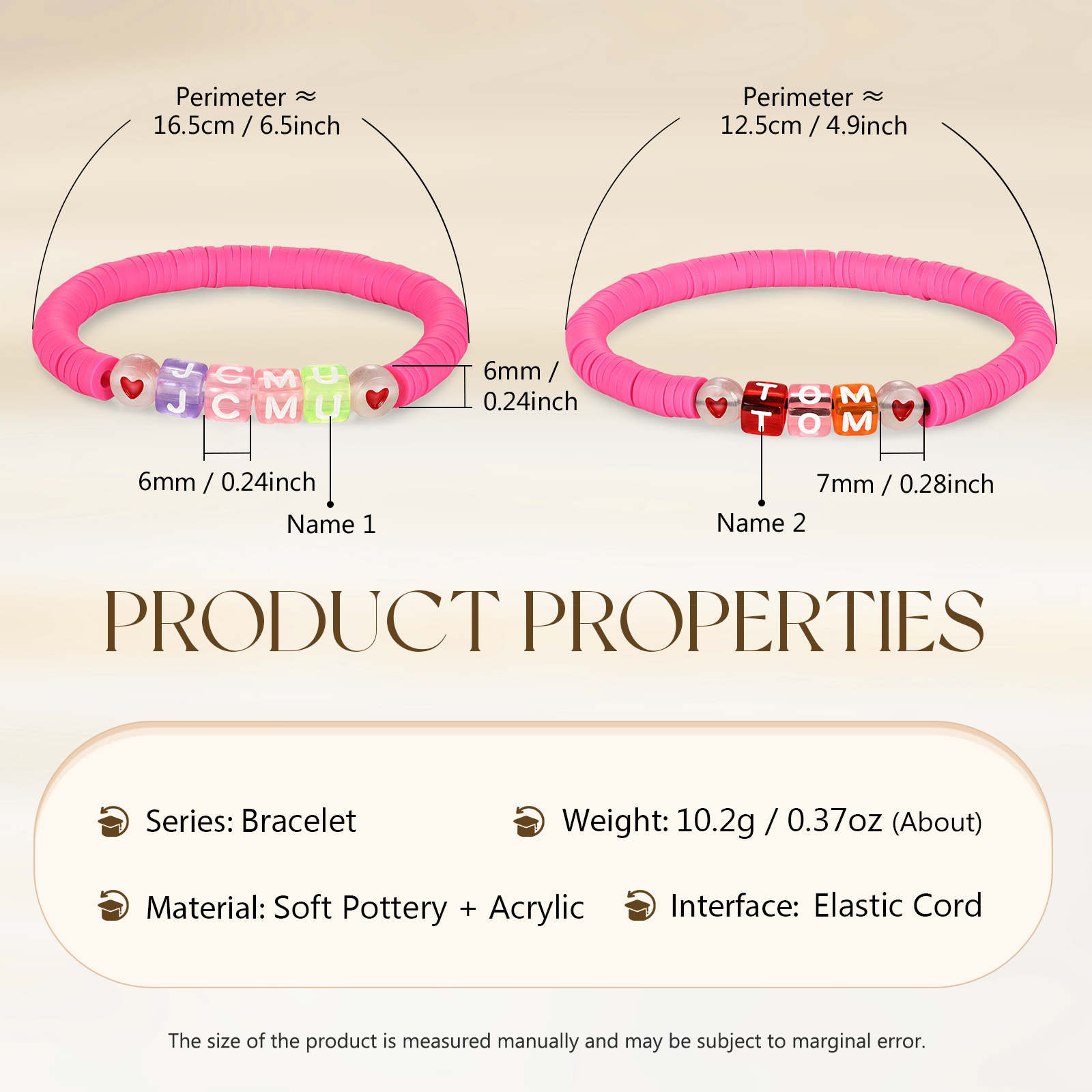 2PCS-Personalized 2 Name Elastic Cord Square Bracelets, Back to School Gift for Daughter