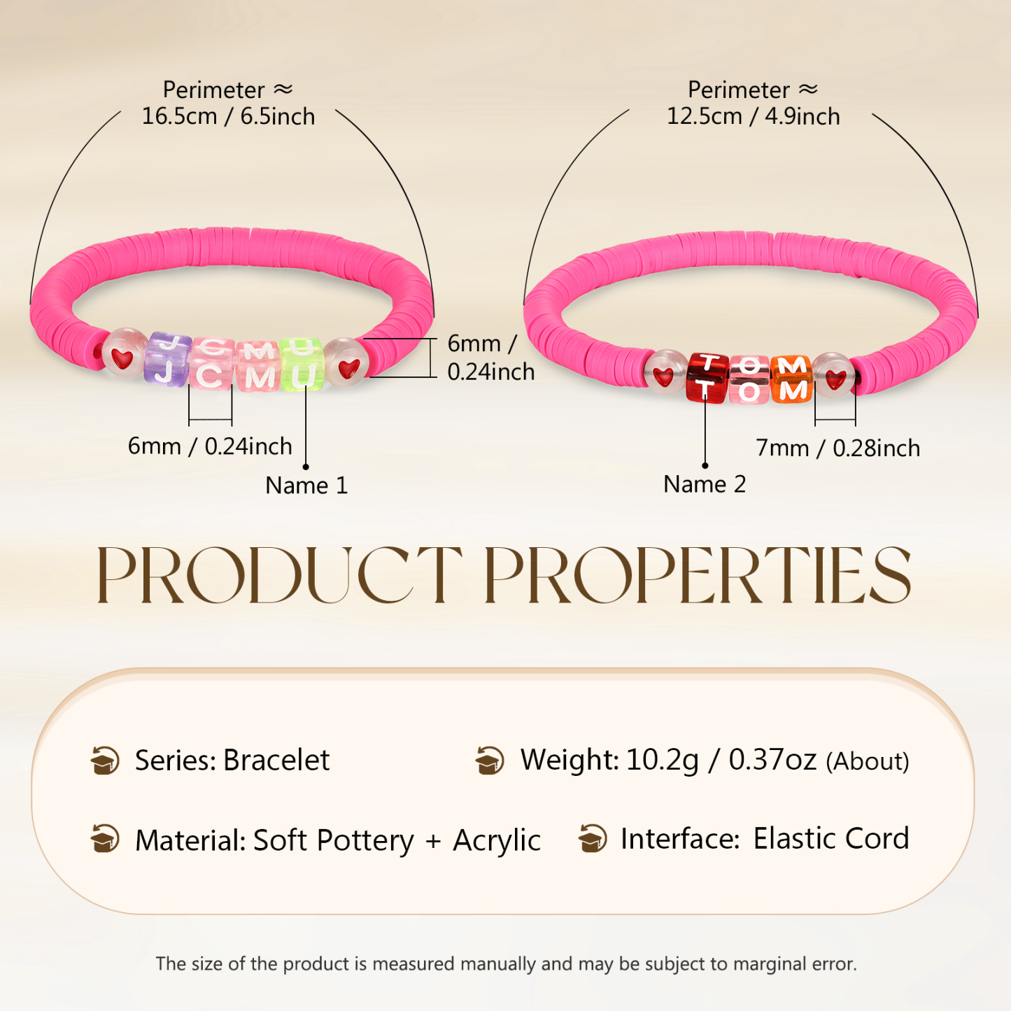 2PCS-Personalized 2 Name Elastic Cord Square Bracelets, Back to School Gift for Daughter