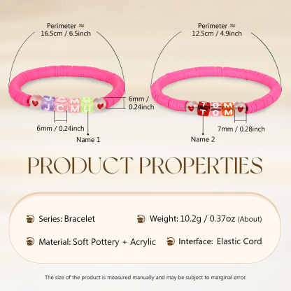 2PCS-Personalized 2 Name Elastic Cord Square Bracelets, Back to School Gift for Daughter