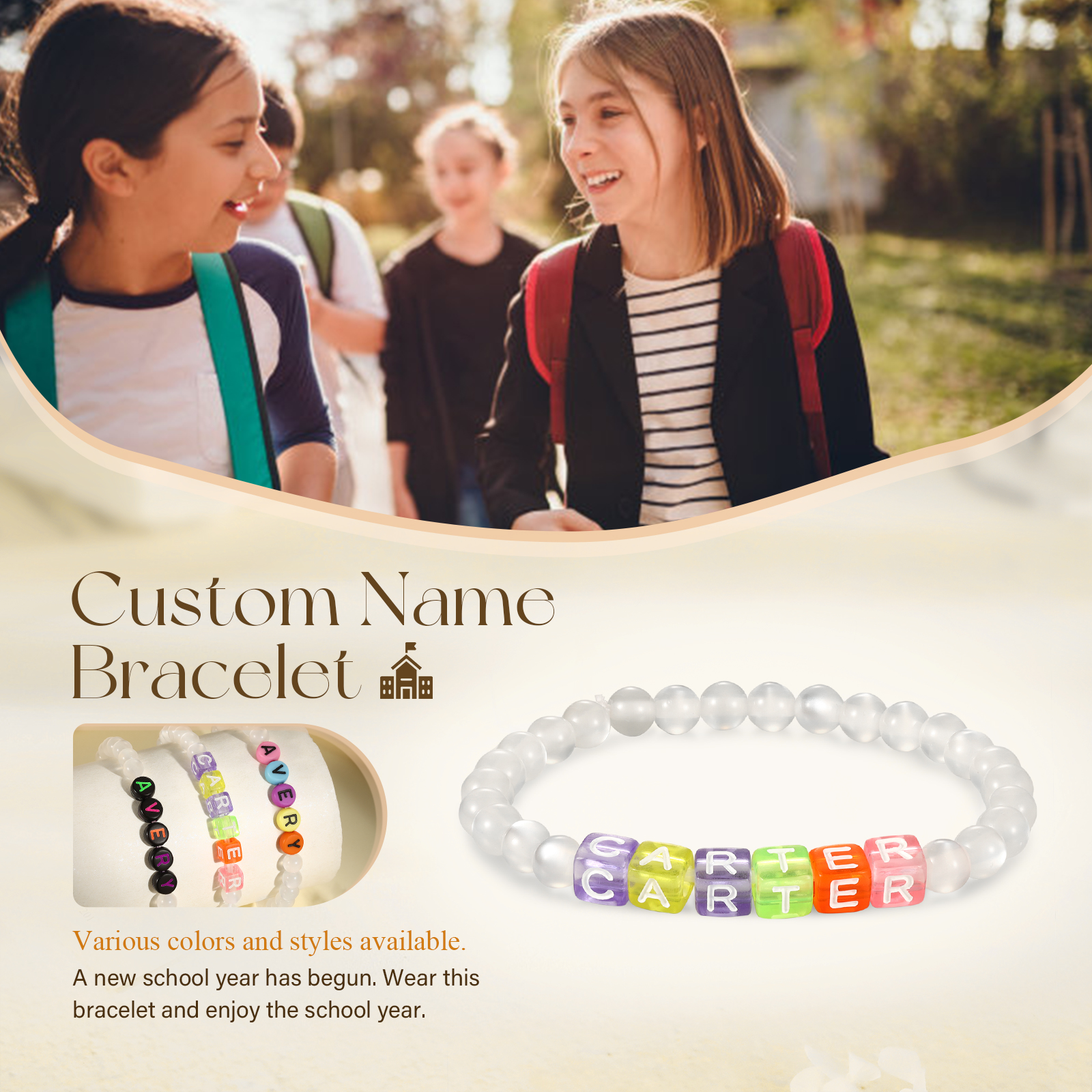 Personalized Name Colored Resin Beaded Bracelet With Many Options For Back To School Gift For Daughter