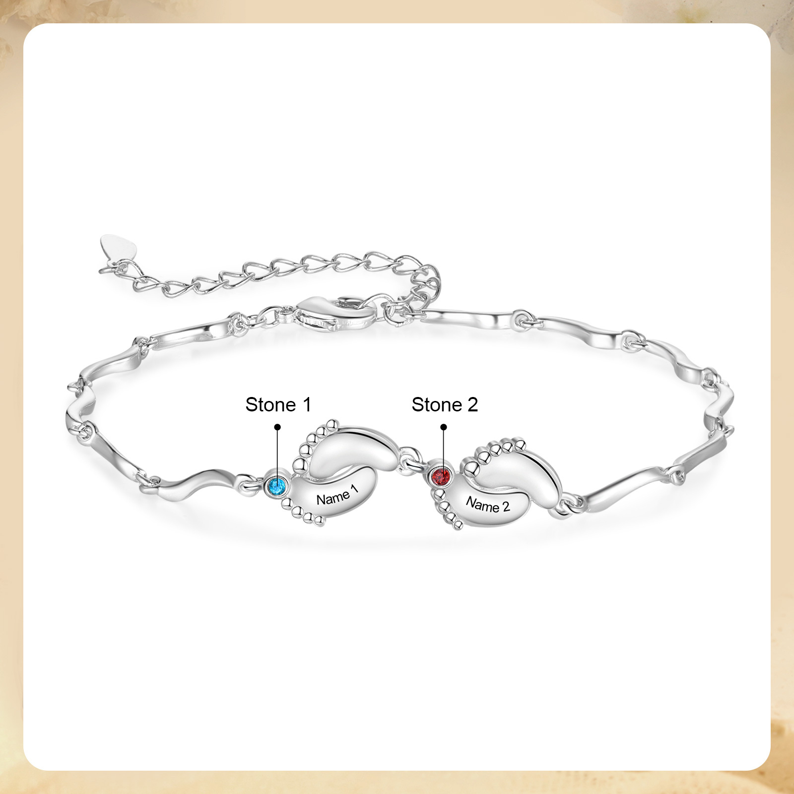 Personalized Bracelet Customized With 2 Birthstone And Name With Footprint Accessories Exquisite Bracelet For Her
