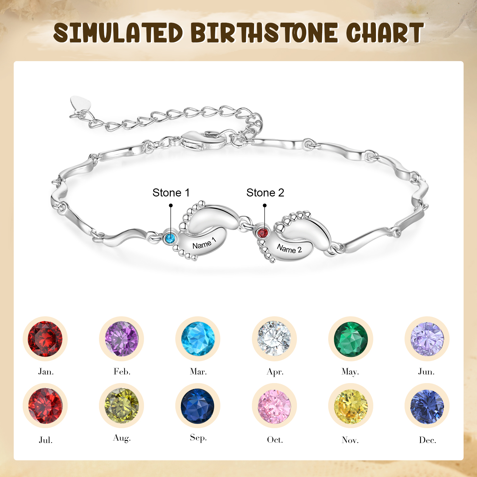 Personalized Bracelet Customized With 2 Birthstone And Name With Footprint Accessories Exquisite Bracelet For Her