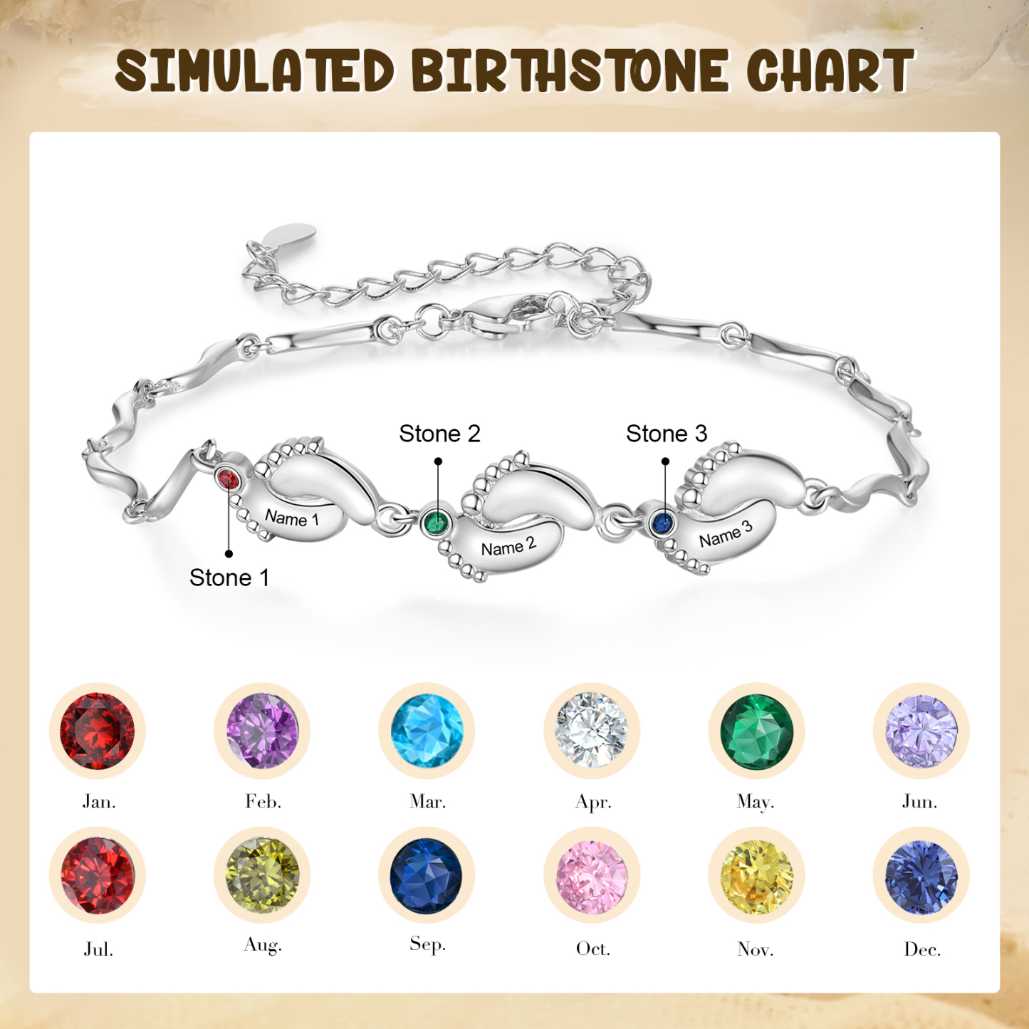 Personalized Bracelet Customized With 3 Birthstone And Name With Footprint Accessories Exquisite Bracelet For Her