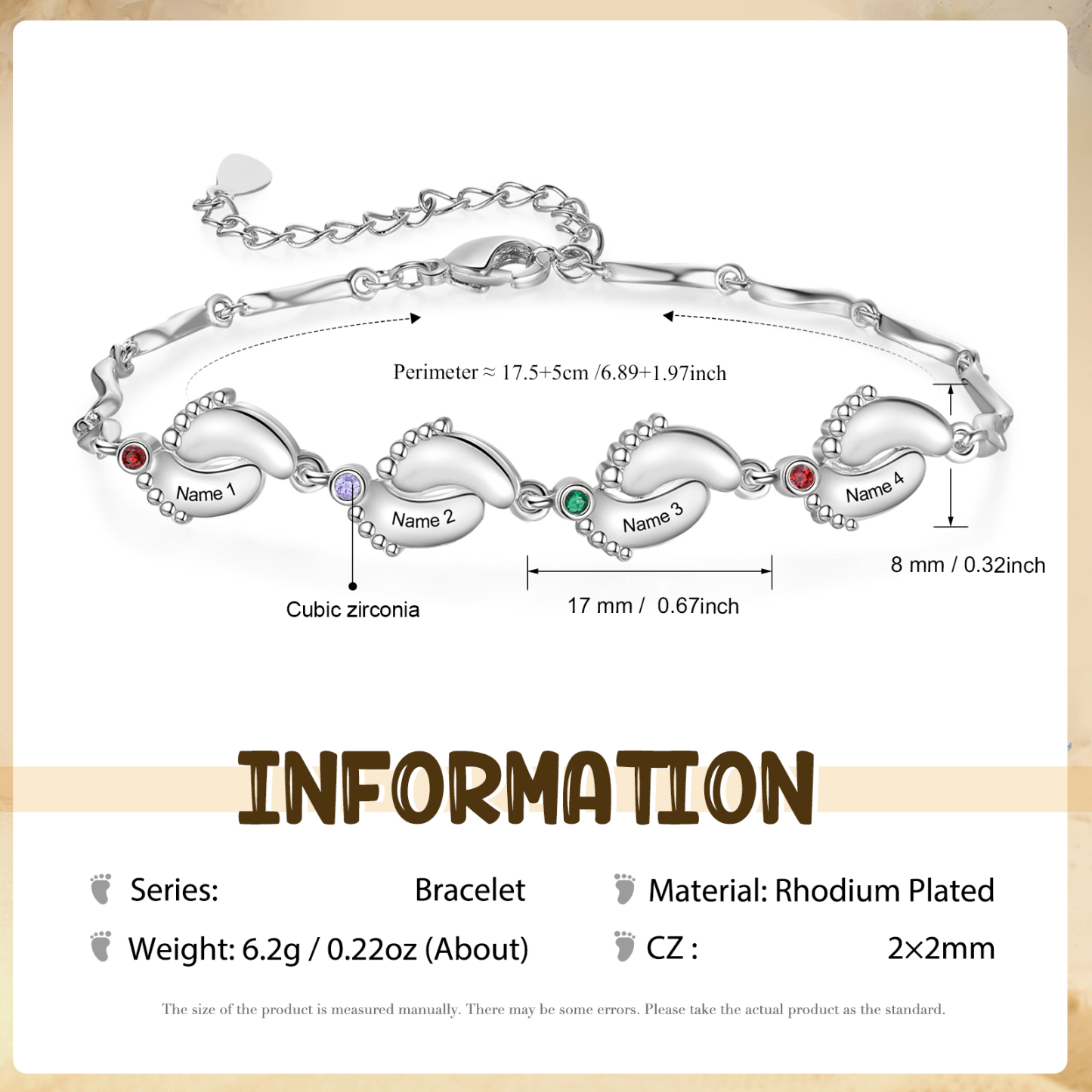 Personalized Bracelet Customized With 4 Birthstone And Name With Footprint Accessories Exquisite Bracelet For Her