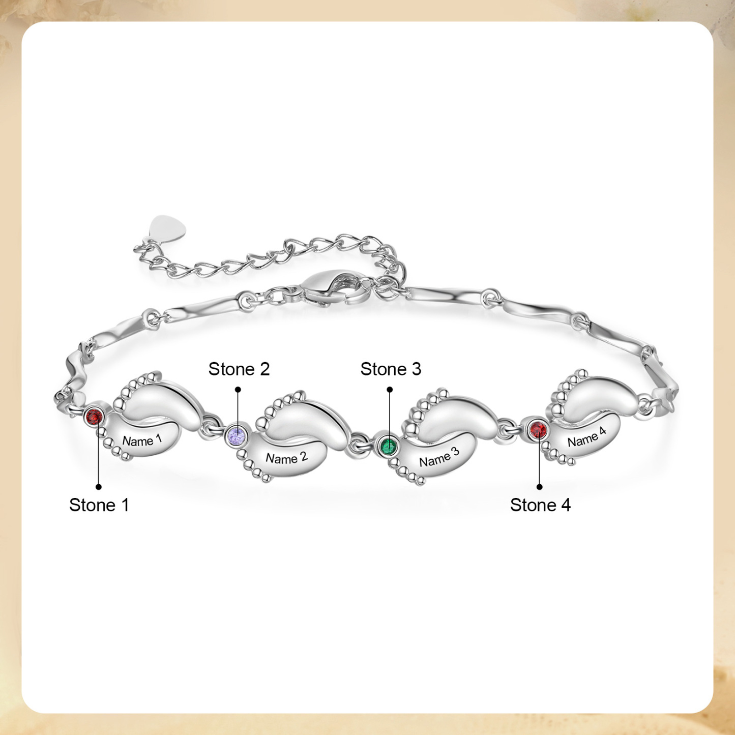Personalized Bracelet Customized With 4 Birthstone And Name With Footprint Accessories Exquisite Bracelet For Her