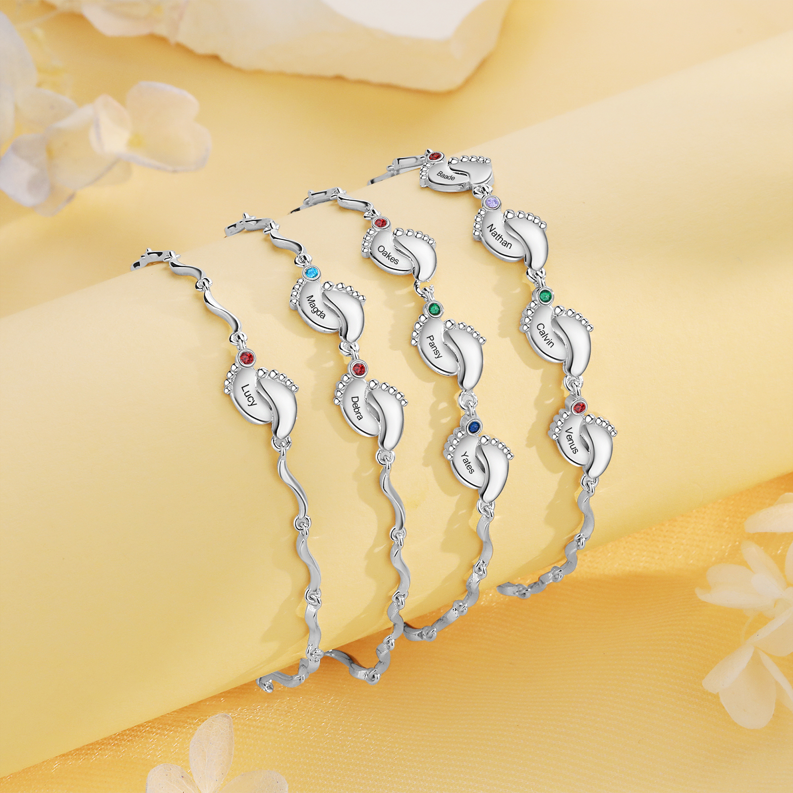 Personalized Bracelet Customized With 3 Birthstone And Name With Footprint Accessories Exquisite Bracelet For Her