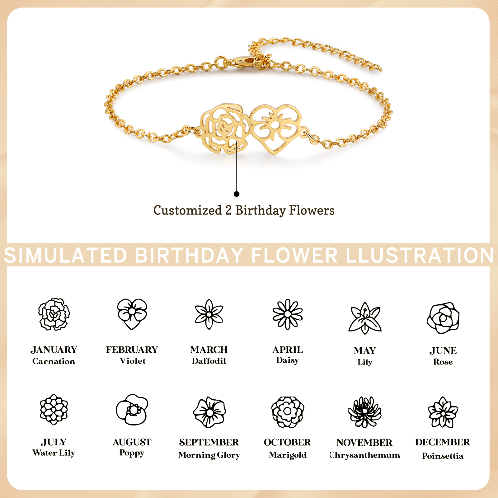 Personalized Bracelet Customization, Customized 2 Birthflower Exquisite Bracelet For Women