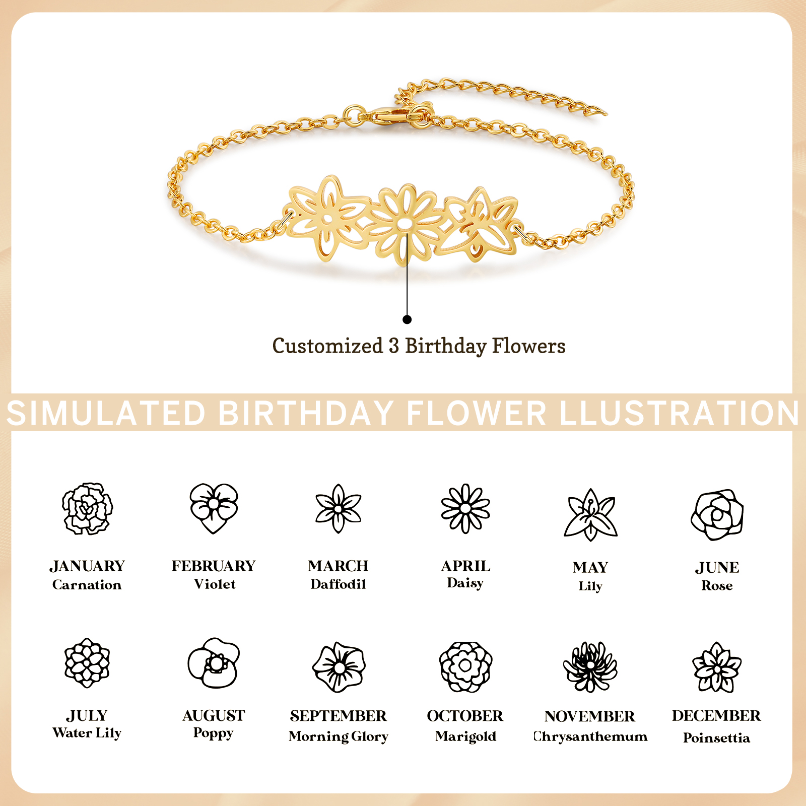 Personalized Bracelet Customization, Customized 3 Birthflower Exquisite Bracelet For Women