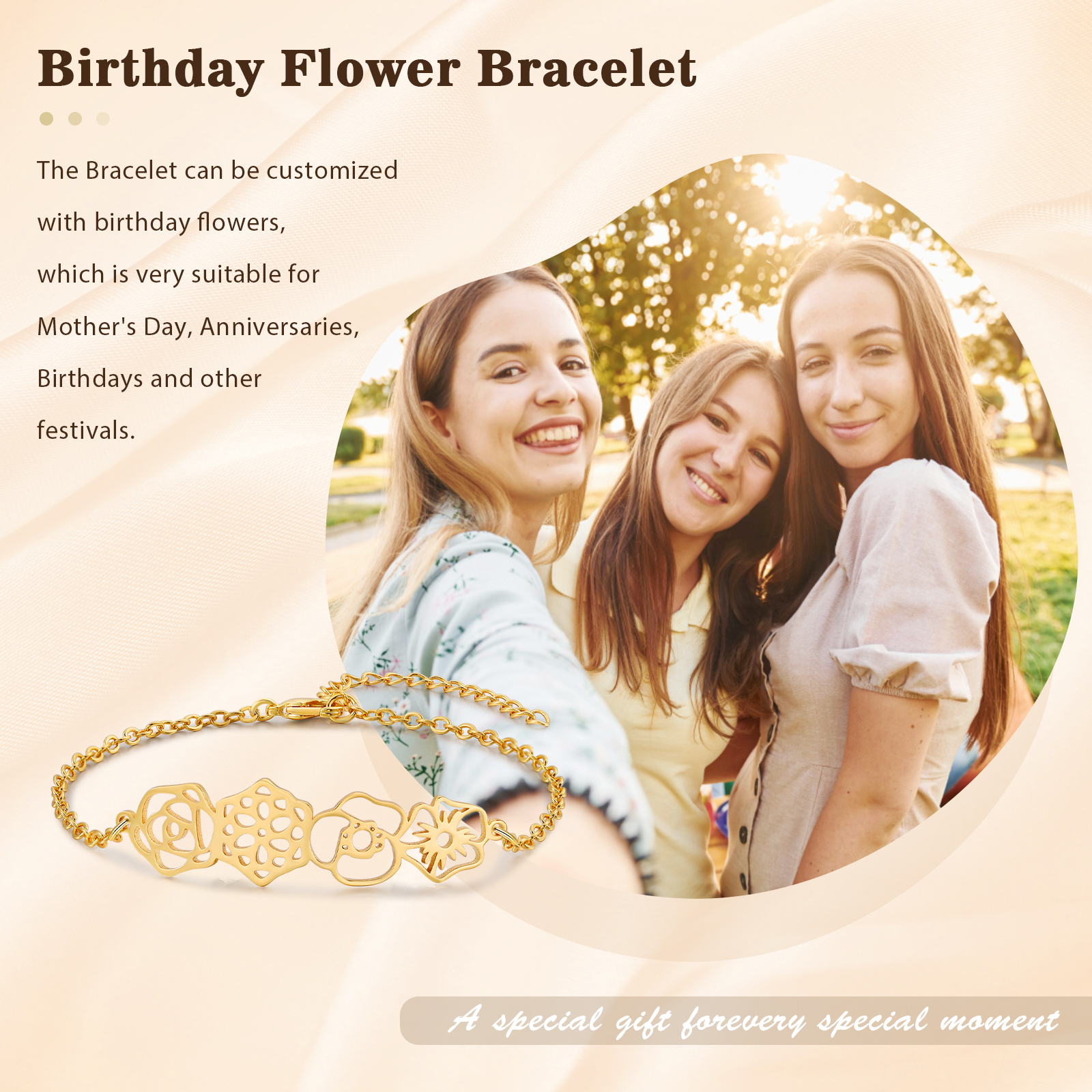 Personalized Bracelet Customization, Customized 4 Birthflower Exquisite Bracelet For Women