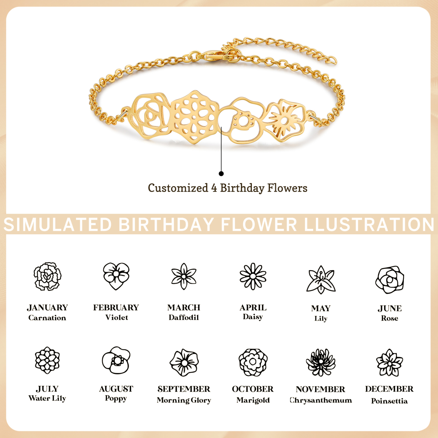 Personalized Bracelet Customization, Customized 4 Birthflower Exquisite Bracelet For Women