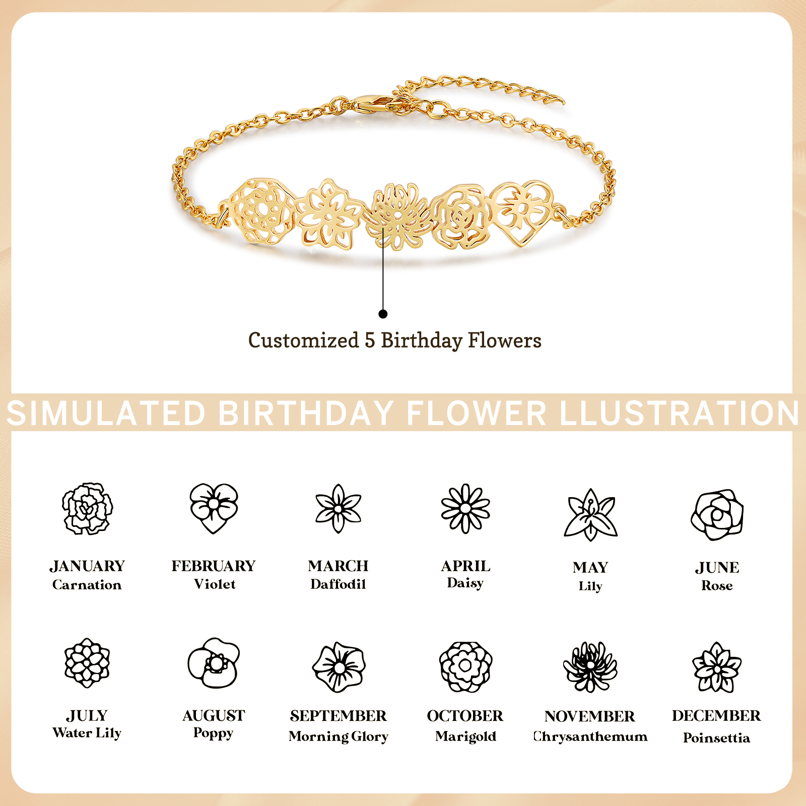 Personalized Bracelet Customization, Customized 5 Birthflower Exquisite Bracelet For Women