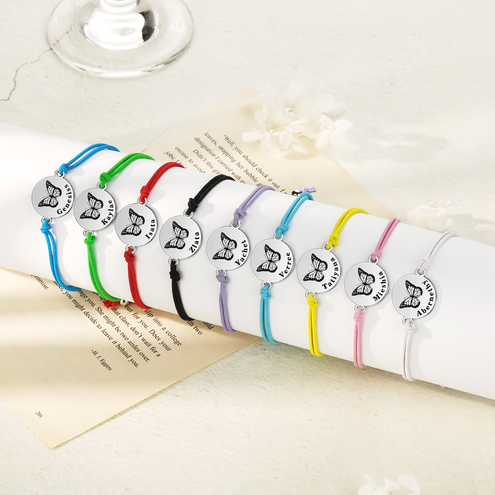 2 PCS Personalised Elastic Cord Bracelet with Butterfly Pattern Customized 2 Names Gift for Daughter